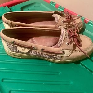 Sperry Top Sider Boat Shoes Womens 7.5 M Slip On Flats purple tan.
